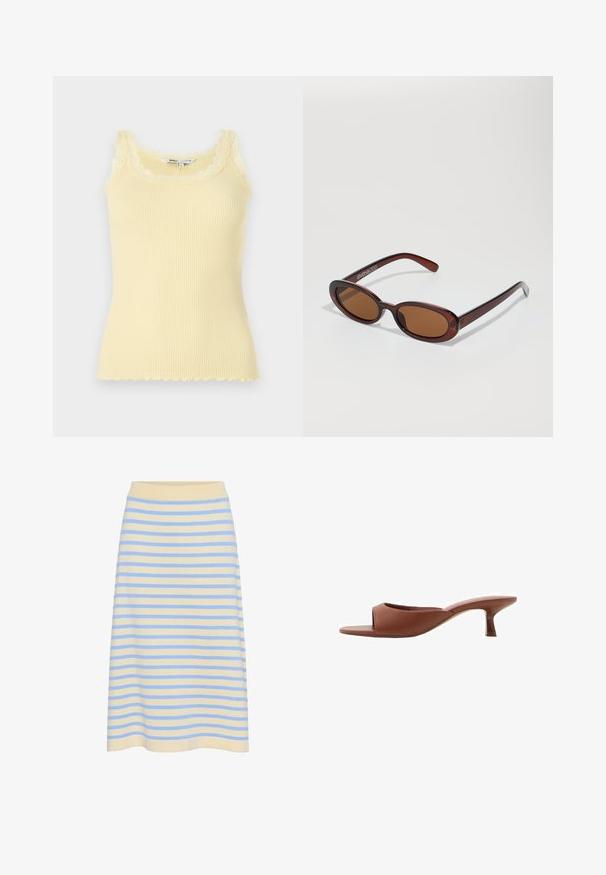 Geribbelde, mouwloze gele tanktop met een gekartelde kantnek en -zoom. Zachte textuur, aansluitend ontwerp en lichtgewicht materiaal.; Gestreepte midi-rok van zachte katoen met een lichtgele basis en blauwe horizontale strepen. Beschikt over een geribde elastische tailleband.; Bruine open teen hakschoenen met een gladde, matte afwerking, met een gebogen ontwerp en een transparante, taps toelopende hak.; Ronde, bruin getinte zonnebril met een glanzend bordeauxrood frame. Slanke pootjes met subtiele merkdetails. Vlakke lensontwerp.; Goudtint ring met een gladde, ronde band met vijf steraccenten, elk bezet met gekleurde edelstenen in roze, groen en blauw.