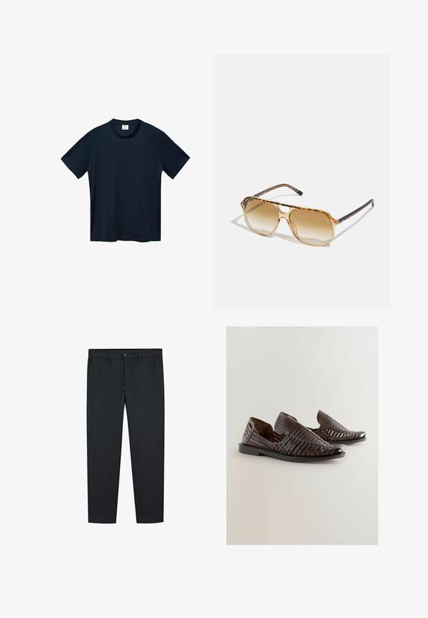 Marineblå t-shirt med korte ærmer lavet af blød bomuld, med rund halslinje og en ren, lige afslutning uden synlige mønstre.; Sorte bukser med lige ben design, lavet af glat stof. Har to forlommer og en knaplukning i taljen.; Brune vævede lædersandaler med åben tå, der har en glat overflade, flad sål og et afrundet design for komfort.; Skildpaddefarvede solbriller med rektangulær ramme, brune gradientlinser og slanke sorte stænger med diskrete logodetaljer.