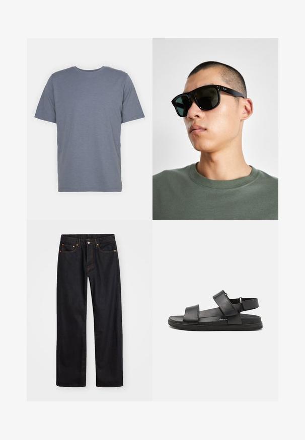 Tricou gri cu mânecă scurtă, cu guler rotund, confecționat dintr-un material moale din amestec de bumbac. Design simplu, fără modele sau accente.; Jeans negri din denim pentru bărbați, cu croială dreaptă, cinci buzunare și cusături portocalii, închidere cu nasture și fermoar pe talie.; Sandroanele din piele neagră au două curele late peste picior, curea ajustabilă pentru călcâi și o talpă din cauciuc texturată pentru aderență.; Ochelari de soare rectangulari negri cu lentile închise, având o formă distinctivă și branding pe templu. Purtați de o persoană într-o cămașă verde.