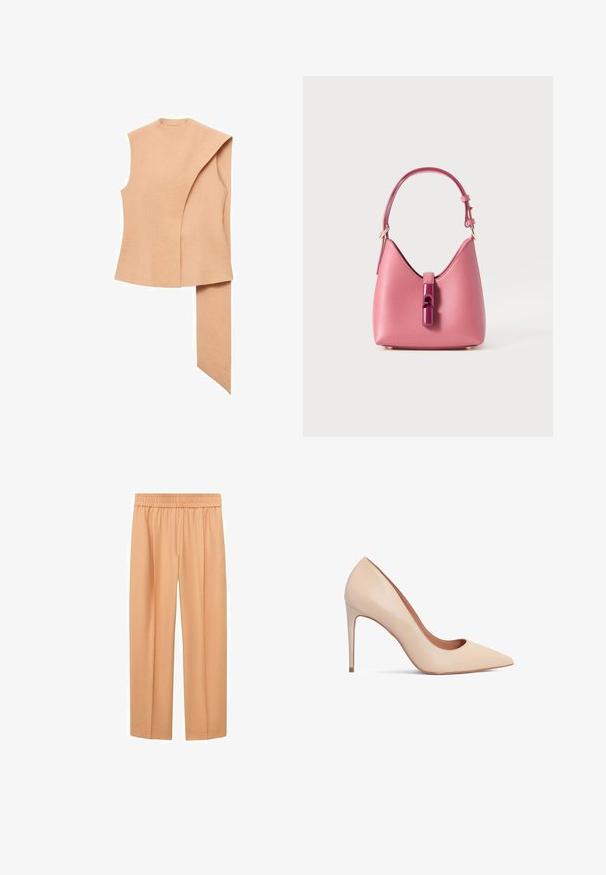 Bež brezrokavnik s asimetričnim dizajnom, ki ima zloženo ovratnico in dolgo drapirano ploščo na eni strani. Gladka tekstura tkanine.; Hlače širokega kroja breskvaste barve, ki imajo mehak material, elastičen pas in ravno krojenje, kar zagotavlja sproščen fit.; Bež usnjeni salonar z visoko peto in koničastim nosom ter gladko teksturo. Ima ozko stiletto peto in nizek vamp.; Roza usnjena torbica z strukturirano obliko, ki ima sijoč zapirni mehanizem in en sam nastavljiv ročaj. Teksturna površina z zlatimi dodatki.