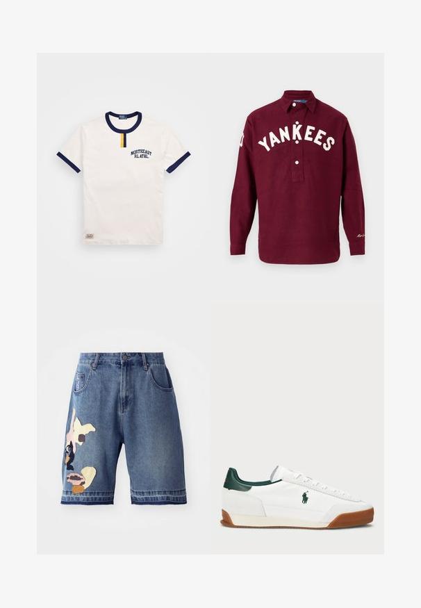 Bijela pamučna majica s mornarskosinom okruglim izrezom i akcentima na rukavima. Sadrži mali žuti gumb i izvezeni natpis "NORTHEAST RL ATHL."; Burgundska košulja dugih rukava s ovratnikom na dugme, s natpisom "YANKEES" u bijelom izvezenom tekstu na prednjem dijelu i detaljem logotipa na rukavu.; Trenirke od traperice s plavim pranjem, ravnog kroja, s višebojnim aplikacijama od tkanine i jednim prednim džepom.; Bijeli tenisice s zelenim kožnim detaljima i smešim gumenim đonom. Imaju platnenu površinu i istaknuti logo sa strane. Sa čipkastim dizajnom.