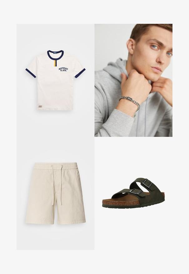 Hvit bomulls T-skjorte med marineblå rund hals og ermekanter. Har en liten gul knappdetalj og brodert "NORTHEAST RL ATHL."; Lyse beige bomullsshorts med elastisk midje, snorforing og sidelommer. Flat-frontal design med enkle stikkingdetaljer.; Grønne slip-on sandaler med to justerbare stropper, en kork sål og en gummisåle. Har sølvspenner og et teksturert overmateriale.; Sølvkjedearmbånd med et rektangulært svart merke gravert med "BOSS." Båret på en hånd mot en grå hettegenserbakgrunn.