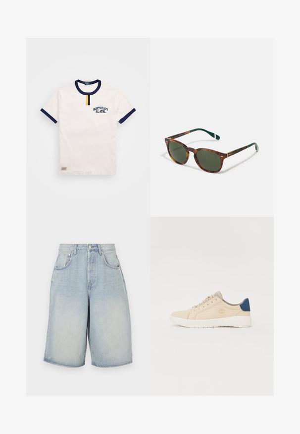 T-shirt bianco in cotone con scollatura rotonda di colore blu marina e dettagli delle maniche. Presenta un piccolo bottone giallo e la scritta ricamata "NORTHEAST RL ATHL."; Shorts in denim azzurro chiaro con vestibilità rilassata, dotati di un'alta vita, cinque tasche e orlo dritto. Leggermente sbiaditi per un aspetto vissuto.; Sneakers beige in suede, con suola bianca, lacci beige e un dettaglio blu sul tallone. Logo impresso di lato.; Occhiali da sole tartarugati con lenti verdi, forma rotonda, dettagli dorati e aste verde scuro con una striscia bianca.