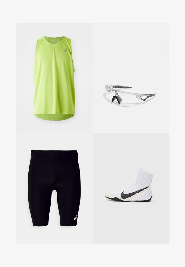 Top sportiv fără mâneci, de un verde neon, realizat dintr-un material texturat. Are un guler rotund și un logo amplasat în partea stângă sus.; Șorturi atletice negre din material elastic, cu o croială strânsă, design până la genunchi și un mic logo alb pe partea inferioară.; Pantofii sport Nike de culoare albă, cu un logo Swoosh negru. Au un design de tip high-top, un superior texturat și o talpă exterioară din cauciuc durabil.; Ochelari de protecție clari, cu o ramă ușoară și transparentă, având accente gri. Prezintă un design în jurul feței și un suport pentru nas ajustabil.