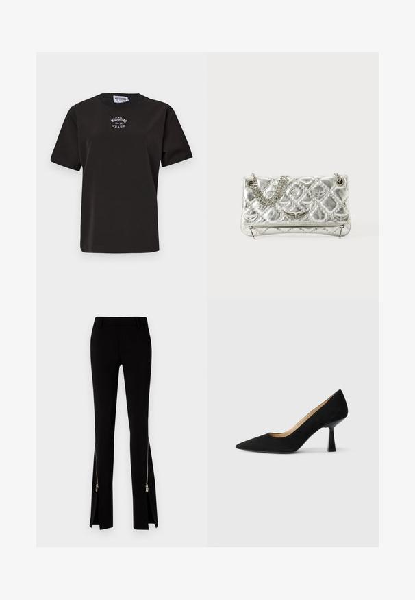 Zwarte katoenen T-shirt met korte mouwen, met een ronde halslijn en een geborduurd wit logo "Moschino Jeans" op de borst.; DSQUARED2 ICON TRUMPET PANT - Broek - black; Zwarte suède high-heeled pump met een spitse neus, voorzien van een glanzende zwarte blokhak en een gladde binnenvoering.; Zilverkleurige metalen handtas met kettinghandgreep, gequiltte textuur, decoratieve stiksels en een ritssluiting. Kenmerkt gegraveerde accenten aan de voorkant.