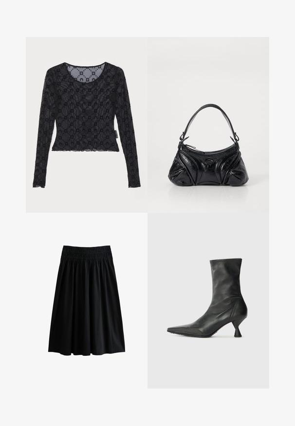 Top nero a maniche lunghe realizzato in tessuto trasparente e testurizzato, caratterizzato da un motivo floreale in rilievo e da un collo rotondo con orlo scalloppato.; Gonna nera lunga fino al ginocchio con vita arricciata. Realizzata in tessuto morbido, ha una vestibilità comoda e una texture liscia senza modelli visibili.; Stivale alla caviglia in pelle nera con punta appuntita, punta testurizzata e tacco conico sottile. Superficie liscia con dettagli di cucito discreti.; Borsa nera realizzata in pelle testurizzata con una forma arrotondata. Presenta una sottile tracolla e motivi decorativi a rilievo.