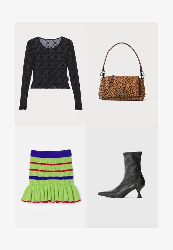 Černý dlouhý rukáv top vyrobený z průhledné, texturované tkaniny s vyvýšeným květinovým vzorem a kulatým výstřihem se zkoseným lemem.; Pletená zelená sukně s živými červenými a modrými pruhy, se zdobeným lemem a texturovaným designem. Akcentováno červeným lemem na spodní části.; Černá kožená kotníková bota s špičatou špičkou, texturovanou špičkovou částí a štíhlým, kuželovitým podpatkem. Hladký povrch se jemnými švy.; Kabelka s leopardím potiskem vyrobená z semiše, s krátkým uchom, řetízkovým popruhem a černým kovovým zapínáním. Obdélníkový tvar s klopou.