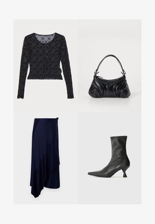 Fekete, hosszú ujjú felső átlátszó, texturált anyagból, kiemelkedő virágmintával és kerek nyakkivágással, fodros szegéllyel.; Rabanne Ceruzaszoknya - deep navy; Fekete bőr bokacsizma hegyes orral, texturált orrborítással és karcsú, kúp alakú sarokkal. Simára kidolgozott felület, diszkrét varrás részletekkel.; Fekete, textúrált bőrből készült kézitáska, kerekded formával. Vékony vállpánttal és díszes embosszas mintákkal rendelkezik.