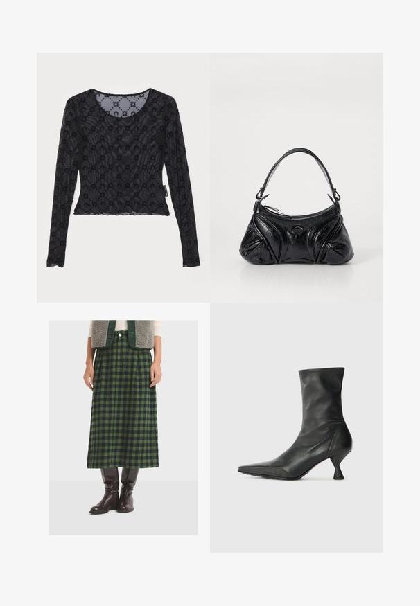 Černý dlouhý rukáv top vyrobený z průhledné, texturované tkaniny s vyvýšeným květinovým vzorem a kulatým výstřihem se zkoseným lemem.; Zelená a námořnická modrá kostkovaná midi sukně vyrobená z texturované látky, s plisé a rovným střihem, spárovaná s koženými hnědými botami po kolena.; Černá kožená kotníková bota s špičatou špičkou, texturovanou špičkovou částí a štíhlým, kuželovitým podpatkem. Hladký povrch se jemnými švy.; Černá kabelka vyrobená z texturované kůže s kulatým tvarem. Obsahuje tenký ramenní popruh a dekorativní reliéfní vzory.; Černá kabelka vyrobená z texturované kůže s kulatým tvarem. Obsahuje tenký ramenní popruh a dekorativní reliéfní vzory.