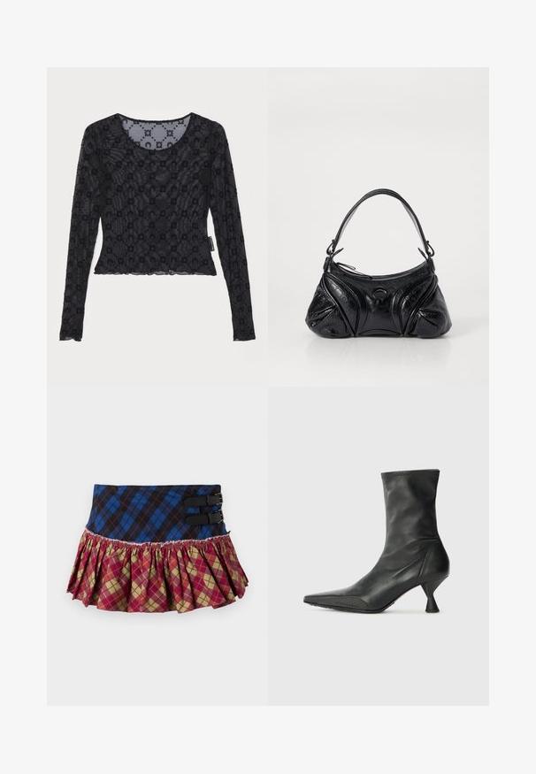 Mustmust värvi pikkade varrukatega tipp, mis on valmistatud läbipaistvast tekstureeritud kangast ja millel on tõstetud lillemuster ning ümar kaelus, millel on laineline äär.; Volditud seelik sinise ja musta ruudulise ülaosaga, millel on kaks musta klambrit ning punase, rohelise ja kollase rombimustriga volangiga äär.; Must have mustanahu reisimust madalvarvastega saapad, terava varbaga, tekstuurse varba kattega ning kitsaste, koniliste kontsadega. Sile pind, millel on delikaatsed õmblused.; Musta kott, mis on valmistatud tekstureeritud nahast ja omab ümarat kuju. Sellel on õhuke õlarihm ja dekoratiivsed reljeefmustrit.