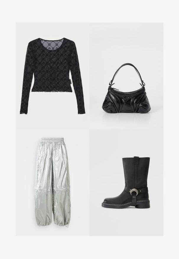 Tricou lung cu mâneci negre, realizat dintr-un material transparent și texturat, având un model floral reliefat și un gât rotunjit cu margine ondulată.; Pantaloni cargo ușori de argint cu o textură lucioasă, talie elastică, manșete strânse și două buzunare mari în față.; Botine din piele neagră, până la jumătatea gambei, cu o curea lată care are un accent circular din metal argintiu și cusături albe de-a lungul tălpii.; Geantă de mână neagră din piele texturată, cu o formă rotunjită. Dispune de o curea subțire pentru umăr și modele decorative în relief.