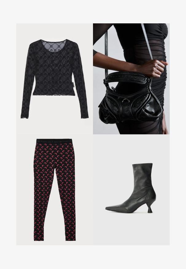 Černý dlouhý rukáv top vyrobený z průhledné, texturované tkaniny s vyvýšeným květinovým vzorem a kulatým výstřihem se zkoseným lemem.; MARINE SERRE MOON - Legíny - kalhoty - black/red; Černá kožená kotníková bota s špičatou špičkou, texturovanou špičkovou částí a štíhlým, kuželovitým podpatkem. Hladký povrch se jemnými švy.; Černá kožená kabelka s perforovanou texturou, zakřiveným designem a zaoblenou rukojetí. Doplňky zahrnují lesklý kulatý kovový prvek.