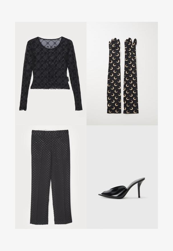 Tricou lung cu mâneci negre, realizat dintr-un material transparent și texturat, având un model floral reliefat și un gât rotunjit cu margine ondulată.; Pantaloni negri cu un model subtil de lună în formă de semicerc, croială dreaptă, textură de țesătură netedă și un design standard al taliei.; Mule-uri negre din piele cu toc înalt, cu vârf deschis, design ascuțit, textură fină și toc subțire stiletto.; Mănuși din țesătură neagră cu un design elegant și lung, având un imprimeu cu faze de lună crem. Textură netedă cu vârfuri ajustate.