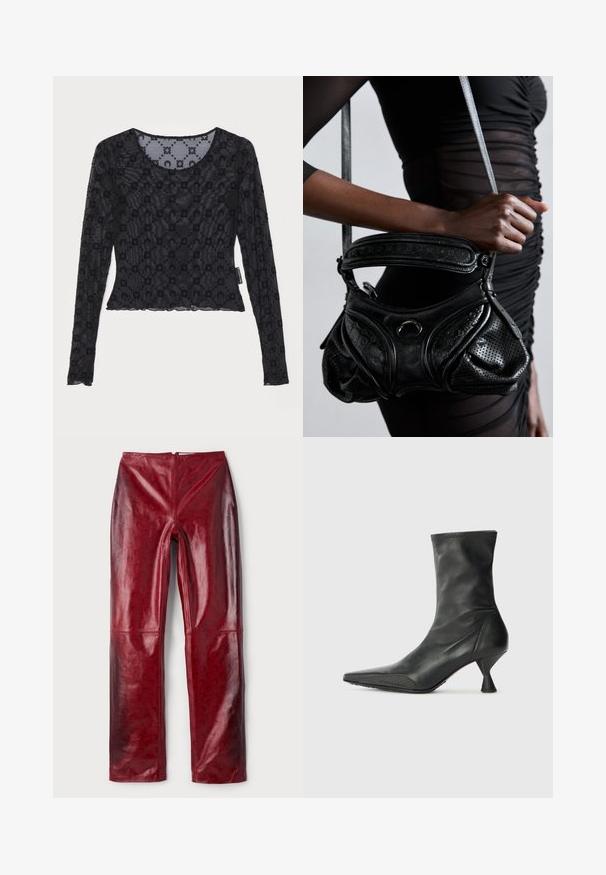 Juodas ilgomis ranksovėmis marškinėliai, pagaminti iš permatomo, tekstūruoto audinio, su iškiliais gėlių raštais ir apvalia iškirpte, turinčia banguotą apatinę dalį.; Raudonos dirbtinės odos kelnės su blizgiu paviršiumi, turinčios subtilų reljefinį raštą, tiesaus kirpimo dizainą ir užpakalinį užtrauktuką.; Juoda odinė kulkšniniu boot su smailiu pirštu, tekstūruotu pirštų dangčiu ir siauru, kūgišku kulnu. Lygus paviršius su subtiliomis siuvimo detalėmis.; Juodas odinis rankinės maišelis su perforuotu tekstūru, kreivais kontūrais ir apvaliu rankena. Akcentai - blizgi apvali metalinė detalė.