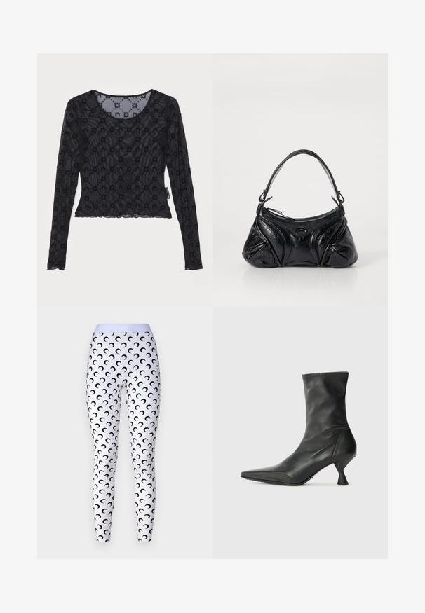 Fekete, hosszú ujjú felső átlátszó, texturált anyagból, kiemelkedő virágmintával és kerek nyakkivágással, fodros szegéllyel.; MARINE SERRE MOON - Leggingek - Nadrágok - optical white; Fekete bőr bokacsizma hegyes orral, texturált orrborítással és karcsú, kúp alakú sarokkal. Simára kidolgozott felület, diszkrét varrás részletekkel.; Fekete, textúrált bőrből készült kézitáska, kerekded formával. Vékony vállpánttal és díszes embosszas mintákkal rendelkezik.