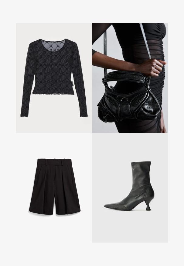 Fekete, hosszú ujjú felső átlátszó, texturált anyagból, kiemelkedő virágmintával és kerek nyakkivágással, fodros szegéllyel.; Fekete szabott rövidnadrág széles lábbal, elöl redőkkel és lapos derékkal, övrögzítési lehetőséggel. Sima anyagtextúra.; Fekete bőr bokacsizma hegyes orral, texturált orrborítással és karcsú, kúp alakú sarokkal. Simára kidolgozott felület, diszkrét varrás részletekkel.; Fekete bőrtáska perforált textúrával, ívelt dizájnnal és kerek fogantyúval. Kiegészítőként egy fényes, kör alakú hardver elem található.