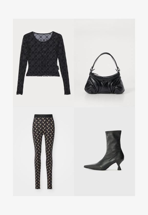 Melna garām piedurknēm augšdaļa, izgatavota no caurspīdīga, teksturēta auduma, ar izvirzītu ziedu rakstu un apaļu kakla izgriezumu ar viļņotu maliņu.; Melnas legingu bikses ar atkārtotu pusmēness rakstu gaiši bēšā krāsā. Izgatavotas no elastīga auduma ar elastīgu jostu.; Melnas ādas potīšu zābaki ar šauru pirkstu, teksturētu pirksta aizsargu un šauru, konusveida papēdi. Gluda virsma ar smalkiem dūriena elementiem.; Melna soma, kas izgatavota no strukturētas ādas ar noapaļotu formu. Tajā ir plāna plecu siksna un dekoratīvi reljefi raksti.