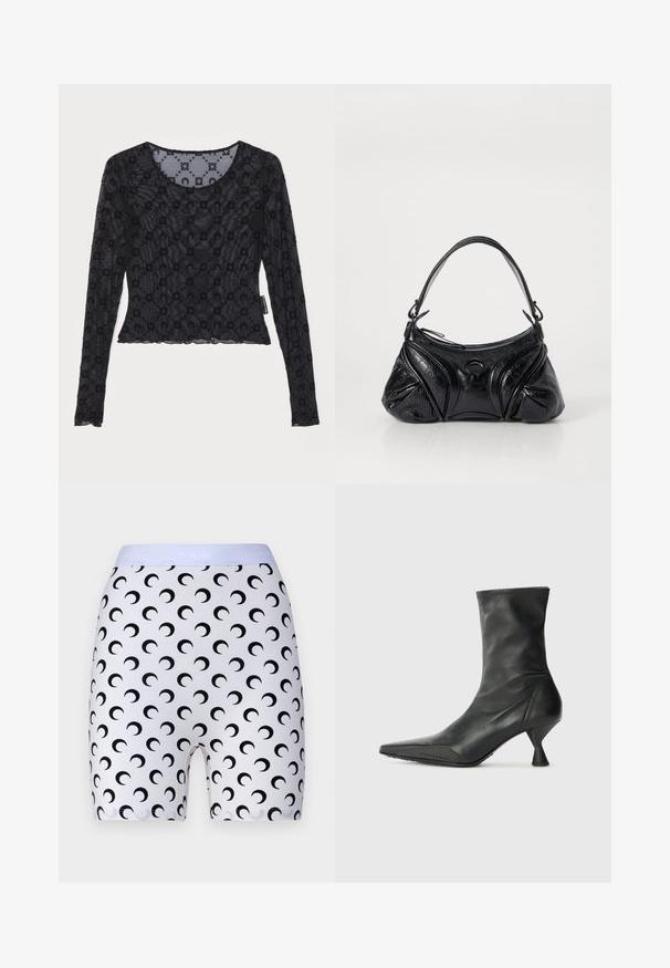 Melna garām piedurknēm augšdaļa, izgatavota no caurspīdīga, teksturēta auduma, ar izvirzītu ziedu rakstu un apaļu kakla izgriezumu ar viļņotu maliņu.; MARINE SERRE MOON MINI - Šorti - optical white; Melnas ādas potīšu zābaki ar šauru pirkstu, teksturētu pirksta aizsargu un šauru, konusveida papēdi. Gluda virsma ar smalkiem dūriena elementiem.; Melna soma, kas izgatavota no strukturētas ādas ar noapaļotu formu. Tajā ir plāna plecu siksna un dekoratīvi reljefi raksti.; Zelta gredzens ar lielu apaļu dimantu centrā, apkārt apjoztu ar mazākiem dimantiem uz joslas. Gluda josla ar smalkiem ķepu iestatījumiem.