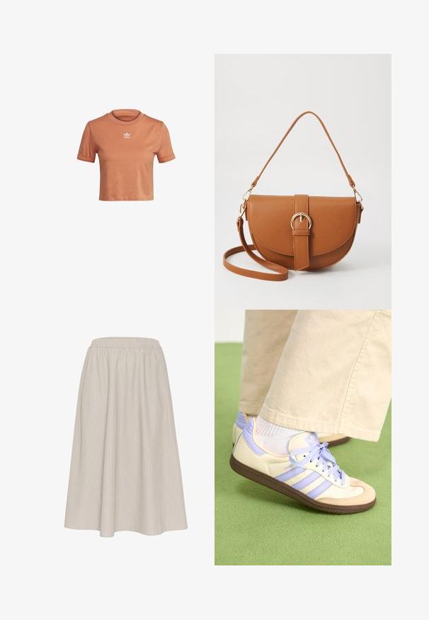 adidas Originals TOP ADICOLOR ORIGINALS REGULAR T-SHIRT - Trükipildiga T-särk - hazy copper; Heledad beež, põlvepikkune seelik, millel on elastne vöökoht. Omab vertikaalseid triipe ja voolavat, tekstuurset kangast.; Kreemi ja lavendlivärvi tenniset, millel on kolm triipu ja tekstuuriga pruun tall, varustatud paelte ja pehmendatud kontsaga. Pehme kangast ülemine osa.; Pruun nahast õlakott, millel on kumer kuju, kullavärvi riistvara ja pandlaga kaunistus. Omab eemaldatavat õlarihma.