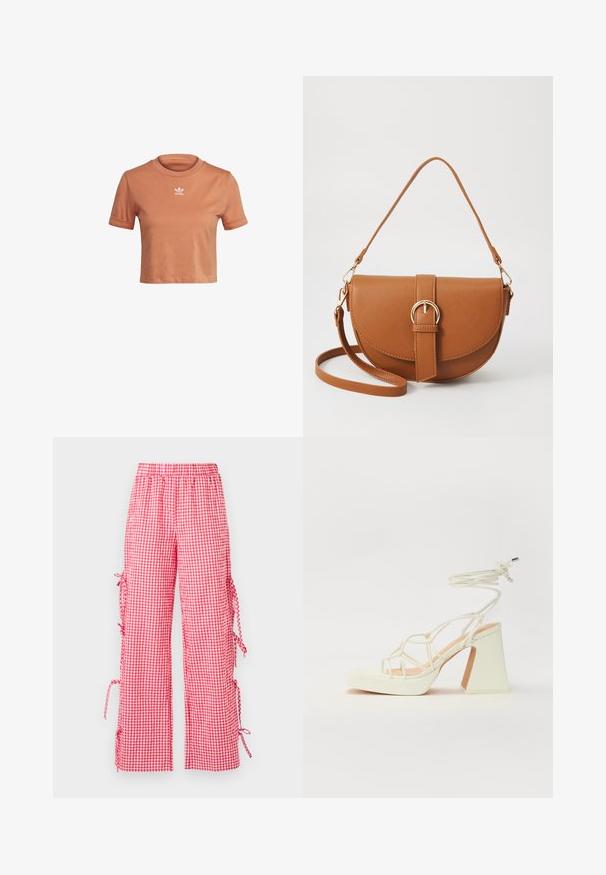 adidas Originals TOP ADICOLOR ORIGINALS REGULAR T-SHIRT - Printtipaita - hazy copper; Punaiset ja valkoiset ruutuhousut rentoa istuvuutta, elastisella vyötäröllä ja säädettävillä nauhoilla sivuilla.; Valkoinen korkokenkä, jossa on paksu korko, ja joka sisältää nauhakiinnityksen ja nilkkaketjun. Sujuva pinta, jossa on platform-etupohja lisäkorkeutta varten.; Ruskean nahkainen olkalaukku, jossa on kaareva muoto, kultaiset yksityiskohdat ja solkiyksityiskohta. Varustettu irrotettavalla olkahihnalla.