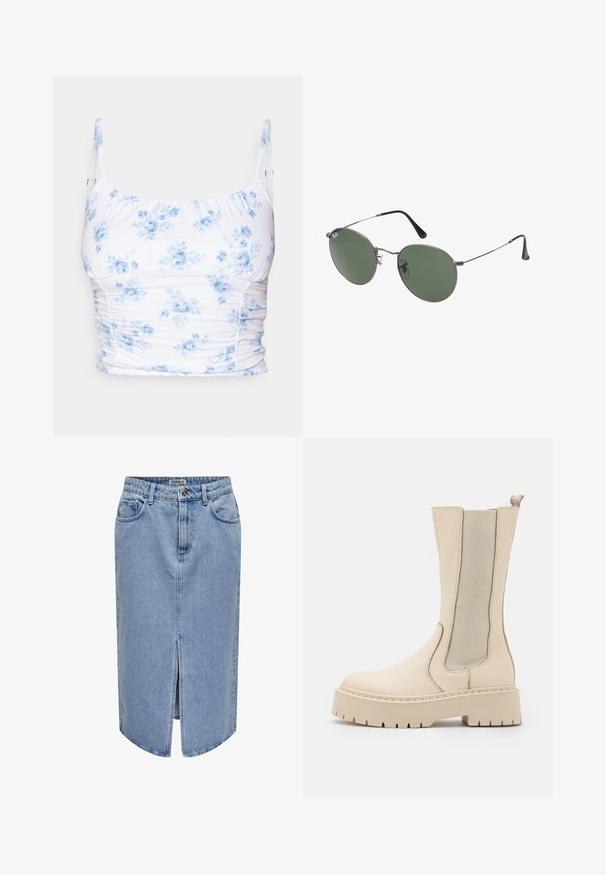 Valge kangas pealmine osa siniste lillemustriga, õhukeste rihmadega, kokku kogutud tekstuuri ja kehakujulise lõikega.; Heled sinine teksaseelik, millel on sirge lõige, ees lõhik, viie tasku disain ja lukuga nööbiga sulgemine.; Beezid ankle boots, milleliste nahaga, elastsed paneelide ja massiivse platvormitaldiga, millel on karm protektoridesain.; Metallist raamistikuga prillid ovaalsete roheliste läätsedega. Õhuke hõbedane metallraam ja mustad kõrvakatted. Minimalistlik disain, nähtavad logod puuduvad.