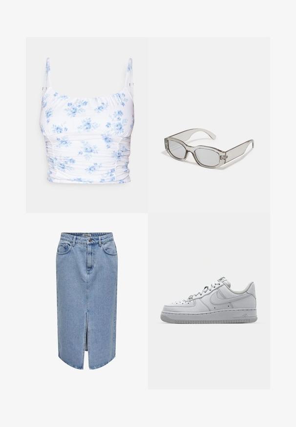 Haut en tissu blanc avec imprimé floral bleu, doté de bretelles fines, d'une texture froncée et d'une silhouette ajustée.; Jupe en denim bleu clair avec une coupe droite, fente frontale, design à cinq poches et fermeture éclair avec bouton.; Basket en cuir blanc avec un design bas, bout rond, détails perforés et semelle en caoutchouc texturée. Présente des accents gris sur la languette.; Des lunettes de soleil grises translucides avec une forme rectangulaire, des verres plats et des branches épaisses. Elles présentent un détail de charnière subtil sur les tempes.