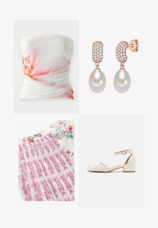 Balta be petnešų palaidinė su rožinėmis gėlėmis, rinktine tekstūra ir minkštos medžiagos drapiruote. Yra pusiau skaidrūs sluoksniai.; Gėlių suknelė su baltu fonu, rožinėmis ir žaliomis gėlių raštais, klostuota konstrukcija ir lygaus audinio tekstūra.; Balti nėriniai bateliai su kulkšnimi dirželiais, žemu, storu kulnu ir smailiu nosiu. Lygus vidaus pamušalas, tekstūruoti nėriniai ir sagties detalė.; Rožinės aukso auskarai su tekstūruotu, deimantais inkrustuotu viršutiniu skyriumi, kuris pereina į lygų, didelį baltą perlą.