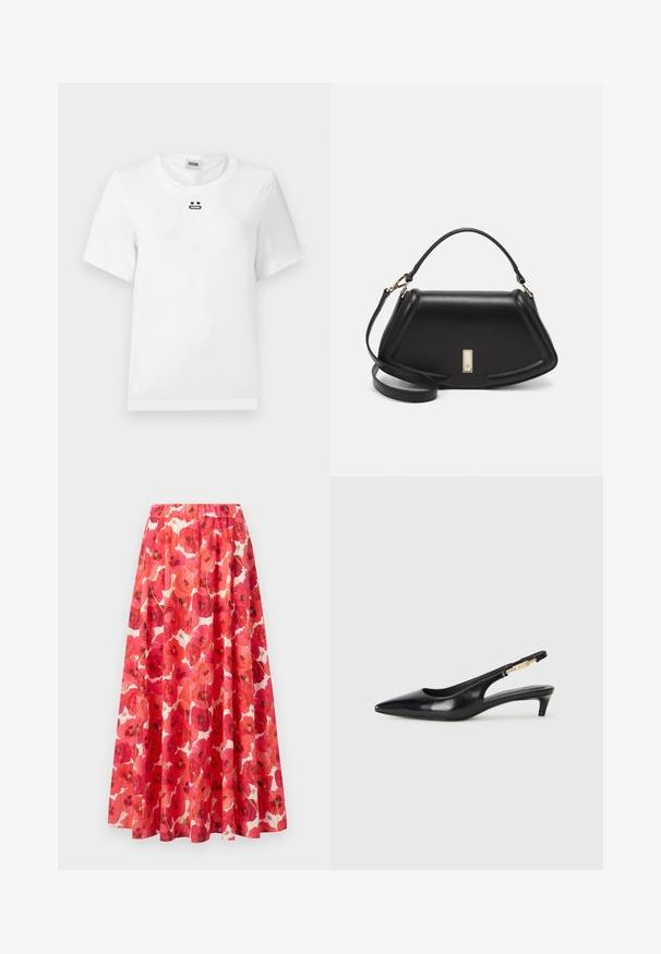 Hvid bomulds t-shirt med korte ærmer, der har et lille sort grafisk design af et ansigt med hjerneøjne og en lige mund på brystet.; Nederdel med elastisk talje, der har et blomstermønster af røde og lyserøde valmuer på en hvid baggrund. Flydende A-linjeform, letvægtsstof.; Sorte læder slingback hæle med spids tå, der har en slank hæl og en guldfarvet detalje på den justerbare rem. Glat tekstur.; Sort læderhåndtaske med en struktureret design, der har en kortet form, tophåndtag og guld hardware-accenter. Justerbar skulderrem inkluderet.