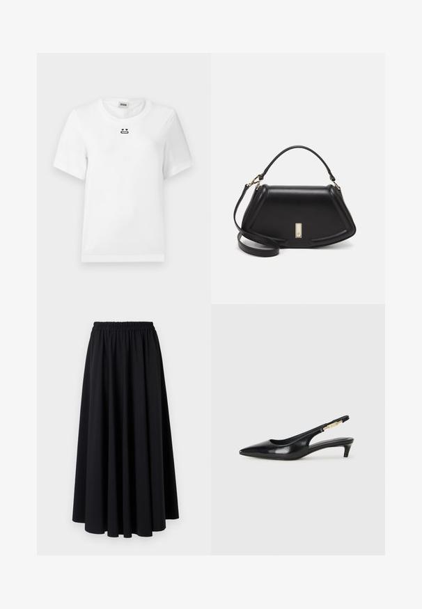 White cotton t-shirt with short sleeves, featuring a small black graphic design of a face with heart eyes and a straight mouth on the chest.; Black, floor-length skirt made of soft fabric with a wide, gathered elastic waistband and smooth, flowing design. No patterns or accents.; Black leather slingback heels with a pointed toe, featuring a slim heel and a gold-tone accent on the adjustable strap. Smooth texture.; Black leather handbag with a structured design, featuring a cropped shape, top handle, and gold hardware accent. Adjustable shoulder strap included.