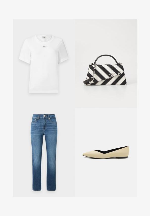 White cotton t-shirt with short sleeves, featuring a small black graphic design of a face with heart eyes and a straight mouth on the chest.; Medium blue jeans with a straight leg design, featuring a button closure, five pockets, and light fading patterns across the fabric.; Pointed-toe flat shoe in beige leather with a low black sole. The interior features a contrasting black lining. Smooth texture, no patterns.; Black and white striped handbag with a structured shape, featuring a top handle, a detachable chain strap, and metallic logo accent.