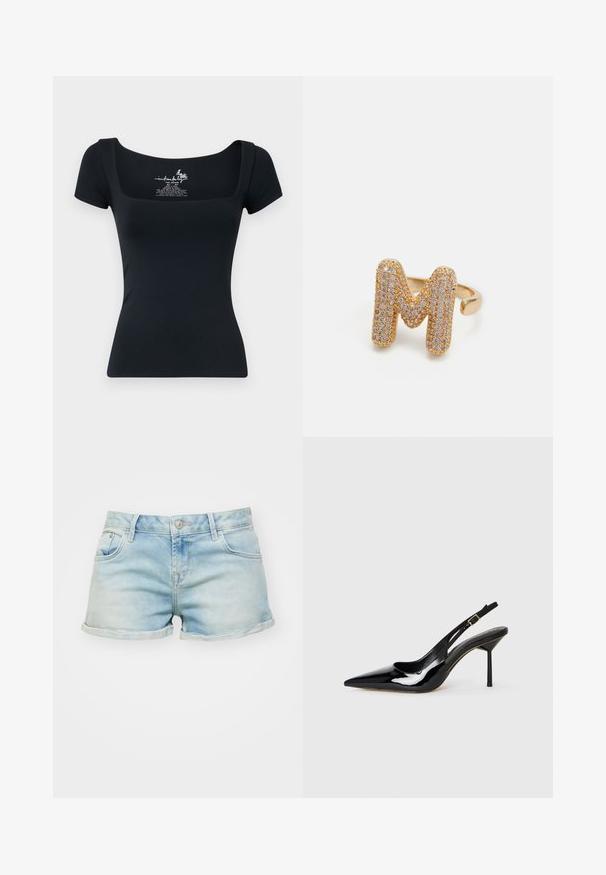 Melnā pieguļošā T-kreklā ar īsām piedurknēm un kvadrātveida dekoltē. Izgatavots no gludas, elastīgas auduma. Iekšējā dekoltē ir iespiesta etiķete.; Gaišzilā džinsu šorti ar nolietotu apdari, ar sarullētām piedurknēm, piecu kabatu dizainu un pogu aizdari jostasvietā.; Melnas patentētas ādas kurpes ar norādīto purngalu, sūkļa papēdi un plānu siksniņu ar zelta sprādzi uz balta fona.; Zelta gredzens ar lielu "M" dizainu, izrotāts ar maziem caurspīdīgiem rhinestones, gluda spīdīga siksna, mūsdienīgs un uzkrītošs izskats.