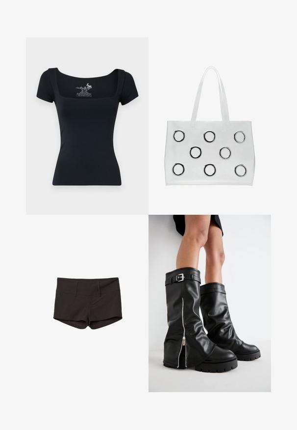 Schwarzes, figurnahes T-Shirt mit kurzen Ärmeln und quadratischem Ausschnitt. Hergestellt aus gleitendem, dehnbarem Material. Mit einem bedruckten Etikett im Ausschnitt.; Schwarze Baumwollshorts mit tailliertem Design, das eine glatte Textur und zwei Fronttaschen aufweist. Mittelhoher Bund ohne auffällige Muster.; Schwarze Lederstiefel bis zum Knie mit weiter Schaftweite, seitlichem Reißverschluss und Schnallenakzent, strukturierter Oberfläche und robuster Gummisohle.; Transparente Plastik-Geschäftstasche mit zwei klaren Griffen, die auf der Vorderseite neun runde metallische Akzente in einem Rastermuster anordnet.