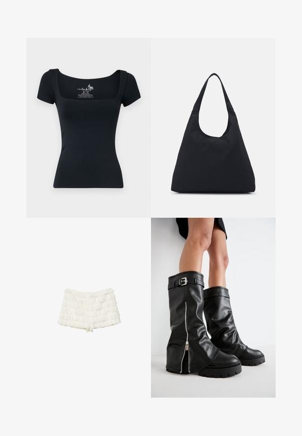 Black fitted t-shirt with short sleeves and a square neckline. Made of smooth, stretchy fabric. Features printed label inside neckline.; Stradivarius Shorts - white; Black leather knee-high boots with a wide shaft, featuring a side zipper and buckle accent, textured finish, and chunky rubber sole.; Black fabric bag with a single, wide shoulder strap. Soft, semi-structured shape and smooth texture; minimal design, without visible hardware.
