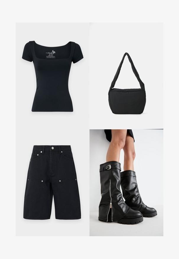 Crna uska majica s kratkim rukavima i kvadratnim izrezom. Izrađena od glatkog, rastezljivog materijala. Ima otisnutu oznaku unutar izreza.; Crni traper šortsevi s ravnim krojem, koji imaju dva prednja džepa i srebrne metalne detalje. Tekstura tkanine sa detaljima šivenja.; Crne kožne čizme do koljena s širokim okovratnikom, s bočnim zatvaračem i detaljem od kopče, teksturiranom završnom obradom i debelim gumenenim potplatom.; Crna torba za rame s podstavljenom teksturom, zaobljenog oblika i širokim remenom, s reljefnim logotipom sprijeda.