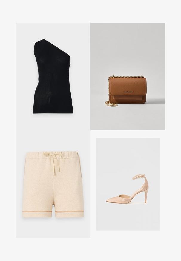 Fekete bordás kötött felső aszimmetrikus, egyvállas kialakítással, testhezálló sziluettel és sima textúrával. Nincsenek további mintázatok vagy díszítések.; Beige színű pamut rövidnadrág rugalmas derékkal és zsinórral. Kontrasztos öltésekkel díszített a szegély és az oldalak mentén.; Meztelen színű, lakk bőr, hegyesorrú cipő bokapánttal és stiletto sarkal, sima textúrával és minimalista dizájnnal. ; Barna textúrájú bőr keresztbody táska arany lánc pánttal és fedélzárral. Az elején logó részlet és egy zseb található a fedél alatt.