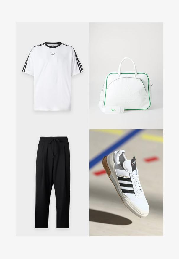 Hvid T-shirt lavet af bomuld, med en sort rund halsudskæring og tre sorte striber på hver skulder. Lille sort logo på brystet.; Sorte, lette bukser med en afslappet pasform. Har en elastisk talje med justerbar snørrelse og sidelommer. Glat tekstur.; Hvide Adidas Mundial Goal sneakers med sorte striber og gummisål, vist midt i luften over en sportsplads med farvede linjer.; Hvid lædertaske med grønne kanter, der har et fremtrædende præget logo, dobbelte håndtag, en aftagelig strop og en lynlåslomme foran.