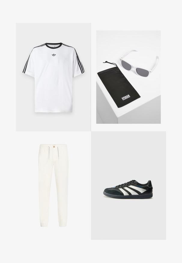 Witte T-shirt van katoen, met een zwarte ronde halslijn en drie zwarte strepen op elke schouder. Klein zwart logo op de borst.; Witte, lichte broeken gemaakt van zachte stof. Bevat een elastische tailleband met trekkoord, knoopsluiting en geribde boorden.; adidas Performance PREDATOR FREESTYLE JUDE INDOOR FOOTBALL SHOES - Zaalvoetbalschoenen - core black/silver-coloured/glory blue; Witte plastic zonnebril met grijze lenzen naast een zwart stoffen zakje met een wit "URBAN CLASSICS" logo in vette letters.