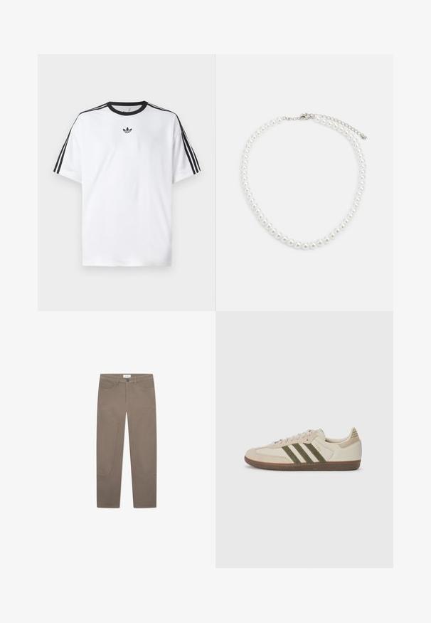 Biela tričko vyrobené z bavlny, so čiernym okrúhlym výstrihom a tromi čiernymi pruhmi na každom pleci. Malé čierne logo na hrudi.; Hnedé nohavice s rovnými nohavicami, s prednými vreckami a zvýrazneným prešívaním pozdĺž strán pre dodatočný detail a textúru.; adidas Originals SAMBA OG UNISEX - Tenisky - alumina/medium dark khaki/gum; Biely perlový náhrdelník s rovnomerným guľatým tvarom, hladkým povrchom a kovovým zapínaním s predlžovacím reťazcom na nastaviteľnú dĺžku.