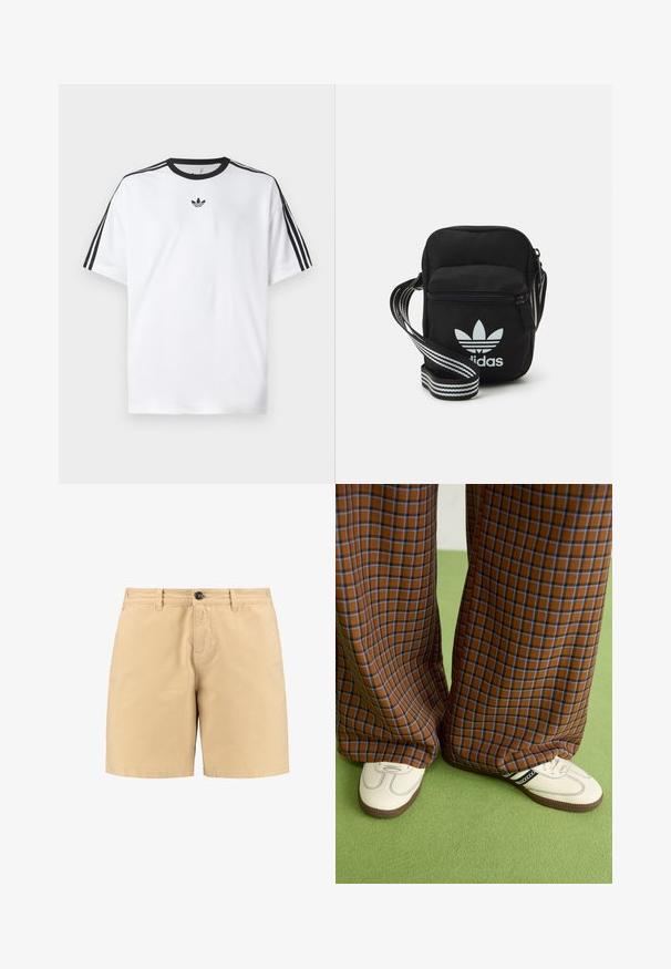 White T-shirt made of cotton, featuring a black round neckline and three black stripes on each shoulder. Small black logo on the chest.; Beige cotton shorts with a button closure, front pockets, and belt loops. Simple design with a straight cut and a smooth texture.; Brown and blue plaid wide-leg trousers paired with white shoes featuring black accents and textured soles, set against a green background.; Black fabric crossbody bag with a zipper closure, featuring a white Adidas logo and a striped adjustable strap for easy carrying.; White pearl necklace with a uniform round shape, smooth surface, and metal clasp with an extension chain for adjustable length.