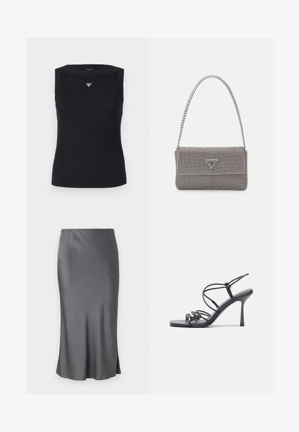 Czarna bezrękawnik wykonana z bawełny, z dekoltem w łódkę i małym logo w kształcie kryształowego trójkąta na piersi. Gładka tekstura.; Szara satynowa spódnica midi o gładkiej teksturze, prostym kroju, delikatnym rozcięciu po boku i elastycznym pasku w talii.; Czarne sandały na wysokim obcasie mają cienkie paski z węzłowym wzorem, gładki, kwadratowy czubek i smukły obcas w stylu szpilki.; Jasnoszara metaliczna torebka na łańcuszku, ozdobiona małymi okrągłymi metalowymi ćwiekami oraz trójkątnym logo marki.; Srebrne kolczyki koła o gładkiej, błyszczącej powierzchni, z zakrzywionym kształtem i zapięciem na sztyft. Minimalistyczny design z nowoczesnym wykończeniem.