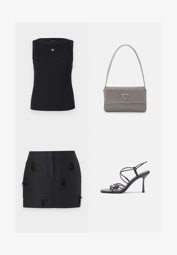 Débardeur noir sans manches en coton, avec un col bateau et un petit logo triangulaire en cristal sur la poitrine. Texture lisse.; Jupe noire au design ajusté avec des accents texturés et effilochés répartis sur le tissu. Matériau lisse sans fermeture visible.; Des sandales noires à talons hauts avec des fines lanières au design noué, un bout carré lisse et un talon aiguille élégant.; Sac à main en métal gris clair avec une bandoulière en chaîne, orné de petits clous métalliques ronds et d'un logo de marque triangulaire.; Boucles d'oreilles créoles en argent avec une surface lisse et brillante, présentant une forme incurvée et une fermeture à tige. Design minimaliste avec une finition moderne.