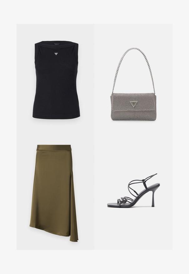 Must reie avatud õlavartega must särk, mis on valmistatud puuvillast. Särgil on vene stiilis kaelus ja rinnal väike kristallne kolmnurkne logo. Sile tekstuur.; Olive roheline seelik, mis on valmistatud siledast ja kergest kangast; sellel on asümmeetriline alläär ja külgslõige, mis tagab liikuvuse ja stiili.; Mustad musta värvi kontsandaalid on varustatud peente rihmadega, millel on sõlmekujundus, siledad ruudukujulised varbad ja stiilne stilettokonts.; Helehall metallik handbags, millel on kett, kaunistatud väikeste ümmarguste metallist õmblustega ja kolmnurkse brändi logoga.; Hõbedast rõngaskõrvarõngad sileda ja läikiva pinnaga, kõveriku kujuga ning postitaksega sulgur. Minimalistlik disain kaasaegse viimistlusega.