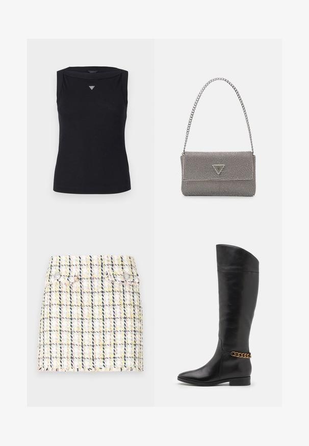 Débardeur noir sans manches en coton, avec un col bateau et un petit logo triangulaire en cristal sur la poitrine. Texture lisse.; Mini-jupe en tweed avec un motif à carreaux multicolore, un ourlet effiloché et deux accents de boutons métalliques à l'avant.; Bottes en cuir noir hautes au design épuré, avec un bout pointu et un accent en chaîne dorée à la cheville. Talon bas en bloc. Texture lisse.; Sac à main en métal gris clair avec une bandoulière en chaîne, orné de petits clous métalliques ronds et d'un logo de marque triangulaire.; Boucles d'oreilles créoles en argent avec une surface lisse et brillante, présentant une forme incurvée et une fermeture à tige. Design minimaliste avec une finition moderne.