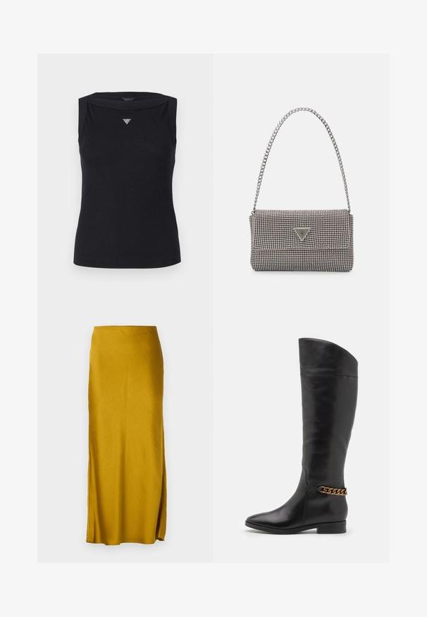 Crna majica bez rukava od pamuka, s brojevima na čamcu i malim kristalnim trokutastim logom na grudima. Glatka tekstura.; Maxi suknja u senfu žute boje od glatkog materijala s ravnim siluetom. Ima bočni prorez i elastičnu struk.; Visoke crne kožne čizme s elegantnim dizajnom, šiljastim vrhom i zlatnim lančićem oko gležnja. Nizak blok potpetica. Glatka tekstura.; Svijetlosivi metalik ruksač s lancem, ukrašen malim okruglim metalnim zakovicama i trokutastim logotipom marke.; Srebrne naušnice u obliku obruča sa glatkom, sjajnom površinom, zakrivljenog oblika i zatvaranjem na čep. Minimalistički dizajn s modernim završetkom.