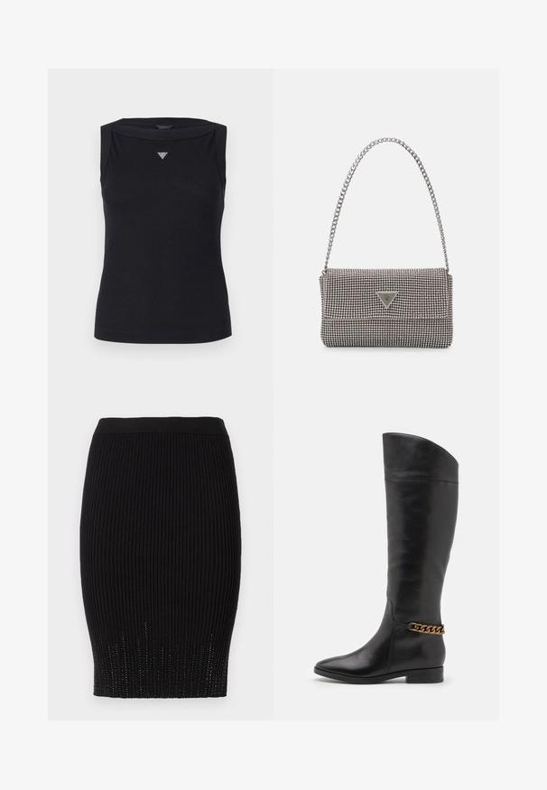Débardeur noir sans manches en coton, avec un col bateau et un petit logo triangulaire en cristal sur la poitrine. Texture lisse.; Jupe noire en maille côtelée avec une taille lisse et des détails texturés décoratifs au niveau de l'ourlet. Présente une silhouette ajustée.; Bottes en cuir noir hautes au design épuré, avec un bout pointu et un accent en chaîne dorée à la cheville. Talon bas en bloc. Texture lisse.; Sac à main en métal gris clair avec une bandoulière en chaîne, orné de petits clous métalliques ronds et d'un logo de marque triangulaire.; Boucles d'oreilles créoles en argent avec une surface lisse et brillante, présentant une forme incurvée et une fermeture à tige. Design minimaliste avec une finition moderne.