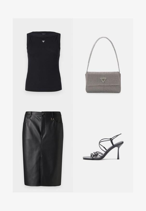 Black sleeveless top made of cotton, featuring a boat neckline and a small crystal triangle logo on the chest. Smooth texture.; Black leather pencil skirt with a smooth texture, front slit, side pockets, and a button closure at the waist. Minimalist design.; Black high-heeled sandals feature thin straps with a knotted design, a smooth square toe, and a sleek stiletto heel.; Light gray metallic handbag featuring a chain strap, embellished with small circular metallic studs and a triangular brand logo.; Silver hoop earrings with a smooth, shiny surface, featuring a curved shape and post-back closure. Minimalist design with a modern finish.