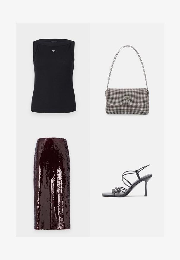 Czarna bezrękawnik wykonana z bawełny, z dekoltem w łódkę i małym logo w kształcie kryształowego trójkąta na piersi. Gładka tekstura.; Bordowa ołówkowa spódnica z cekinami o gładkiej fakturze i połysku. Prosta sylwetka, długość do kolan, w pełni ozdobiona cekinami.; Czarne sandały na wysokim obcasie mają cienkie paski z węzłowym wzorem, gładki, kwadratowy czubek i smukły obcas w stylu szpilki.; Jasnoszara metaliczna torebka na łańcuszku, ozdobiona małymi okrągłymi metalowymi ćwiekami oraz trójkątnym logo marki.