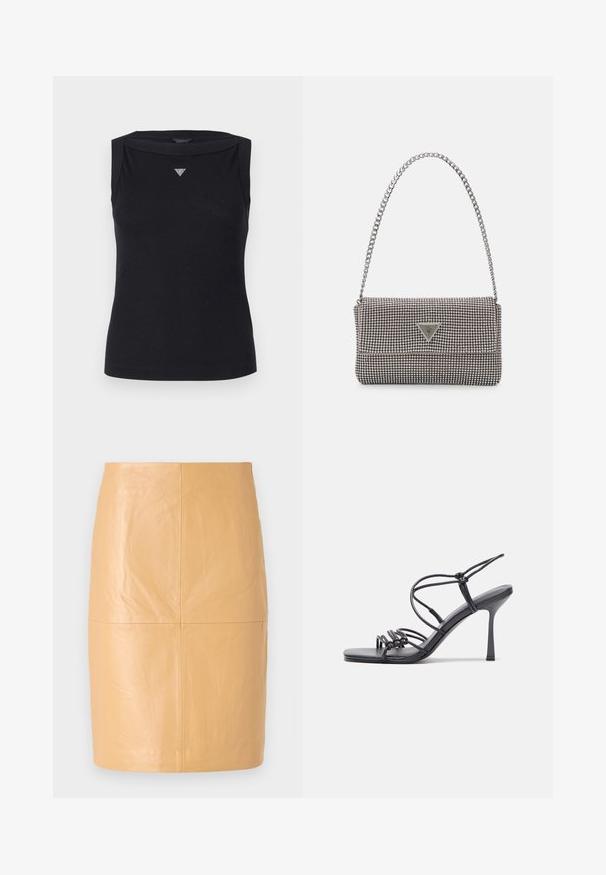 Top negro sin mangas de algodón, con escote barco y un pequeño logo triangular de cristal en el pecho. Textura suave.; 2nd Day JAYAN - Falda de cuero - camel; Las sandalias negras de tacón alto presentan finas correas con un diseño anudado, una punta cuadrada suave y un elegante tacón de aguja.; Bolso de mano metálico gris claro con una cadena como asa, adornado con pequeños remaches metálicos circulares y un logotipo de marca en forma triangular.; Aros de plata en forma de aro con un acabado liso y brillante. Diseño redondeado y ligero, con cierre de tipo post-back.