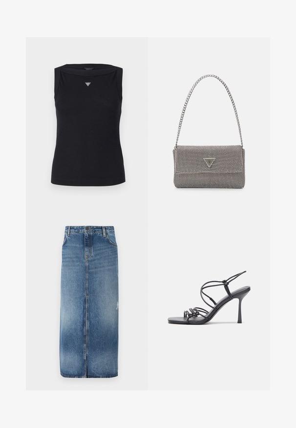 Mustapaita ilman hihoja, valmistettu puuvillasta, jossa on laivakaula-aukko ja pieni kristallinen kolmio-logo rinnassa. Sileä pinta.; Denim midi-hame, jossa on vaaleasta tummansiniseen oleva gradientti, etulukko ja hienovaraiset kuluneet yksityiskohdat helmassa. Raaka reuna alaosassa.; Mustat korkokengät sandaalit, joissa on ohuet hihnat solmittuna, sileä neliön muotoinen varvasosa ja tyylikäs stiletto-korko.; Vaalea harmaa metallinen käsilaukku, jossa on ketjusanka. Laukku on koristeltu pienillä pyöreillä metallikoruilla ja kolmion muotoisella brändilogolla.; Hopeiset korvarenkaat, joissa on sileä ja kiiltävä pinta, kaareva muoto ja piikkikiinnitys. Minimalistinen muotoilu modernilla viimeistelyllä.