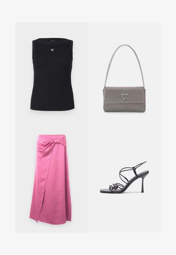 Must reie avatud õlavartega must särk, mis on valmistatud puuvillast. Särgil on vene stiilis kaelus ja rinnal väike kristallne kolmnurkne logo. Sile tekstuur.; Pikk roosa seelik, mis on valmistatud pehmest kangast, esitleb esise wrap-disaini ja sõlmedetaili vööl, sirge siluetiga.; Mustad musta värvi kontsandaalid on varustatud peente rihmadega, millel on sõlmekujundus, siledad ruudukujulised varbad ja stiilne stilettokonts.; Helehall metallik handbags, millel on kett, kaunistatud väikeste ümmarguste metallist õmblustega ja kolmnurkse brändi logoga.; Hõbedast rõngaskõrvarõngad sileda ja läikiva pinnaga, kõveriku kujuga ning postitaksega sulgur. Minimalistlik disain kaasaegse viimistlusega.